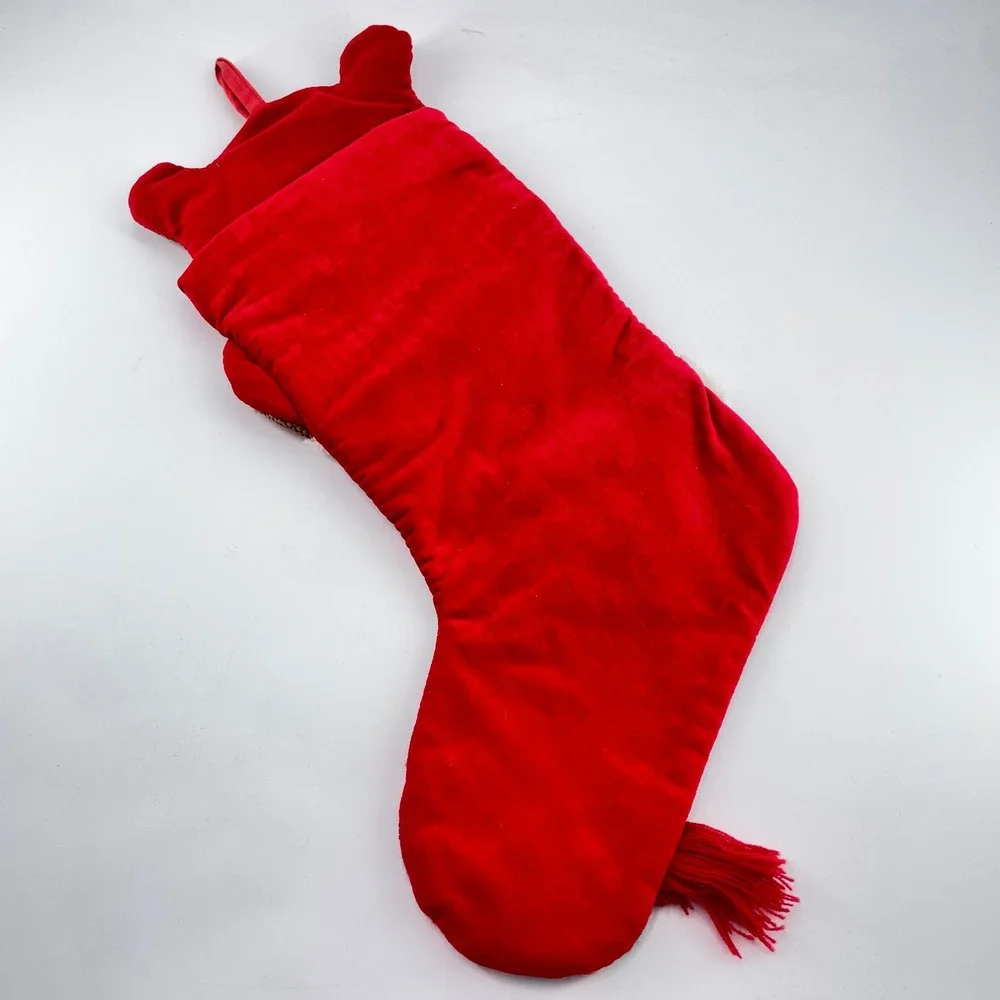 Needlepoint Childs Christmas Stocking Teddy Bear Puffy Red Velvet Tassel 18 Inch